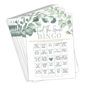 your main event prints eucalyptus floral find the guest bingo game for bridal shower, baby shower and bachelorette parties, 50 game cards included