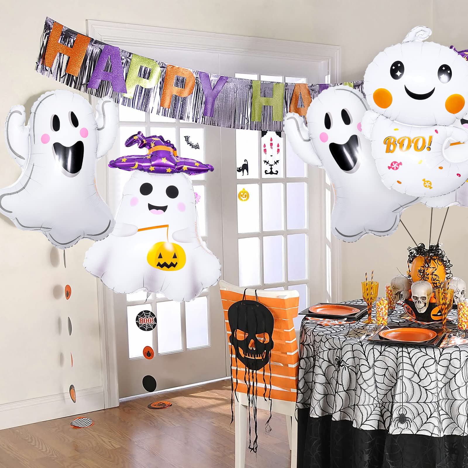 6Pcs Ghost Halloween Balloons Decorations， Giant Spooky Foil Mylar Balloons for Halloween Spooky Themed Birthday Baby Shower Wedding Party Decor Supplies