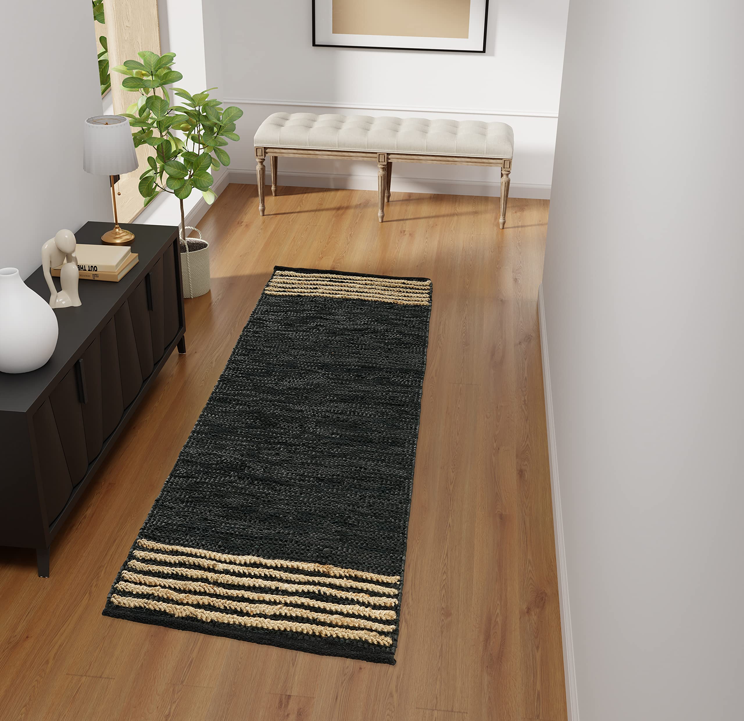 GRUHUM Jute Runner Rug 2'6"x 8' ft Natural Fibre Black Rectangular Jute Area Rug Leather Handwoven Boho Farmhouse Braided Rustic Vintage Eco Friendly Rug Kitchen Livingroom Bedroom Hallways Enterways