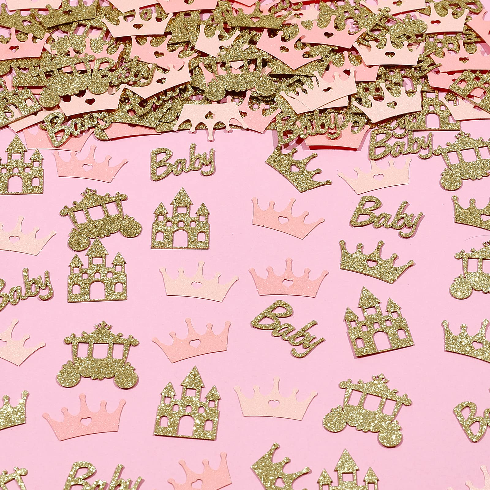 200pcs Princess Baby Shower Confetti - Pink and Gold Princess Baby Shower Decorations for Girl, Glitter Crown, Carriage, Castle Confetti, Baby Princess Table Scatter for Gender Reveal