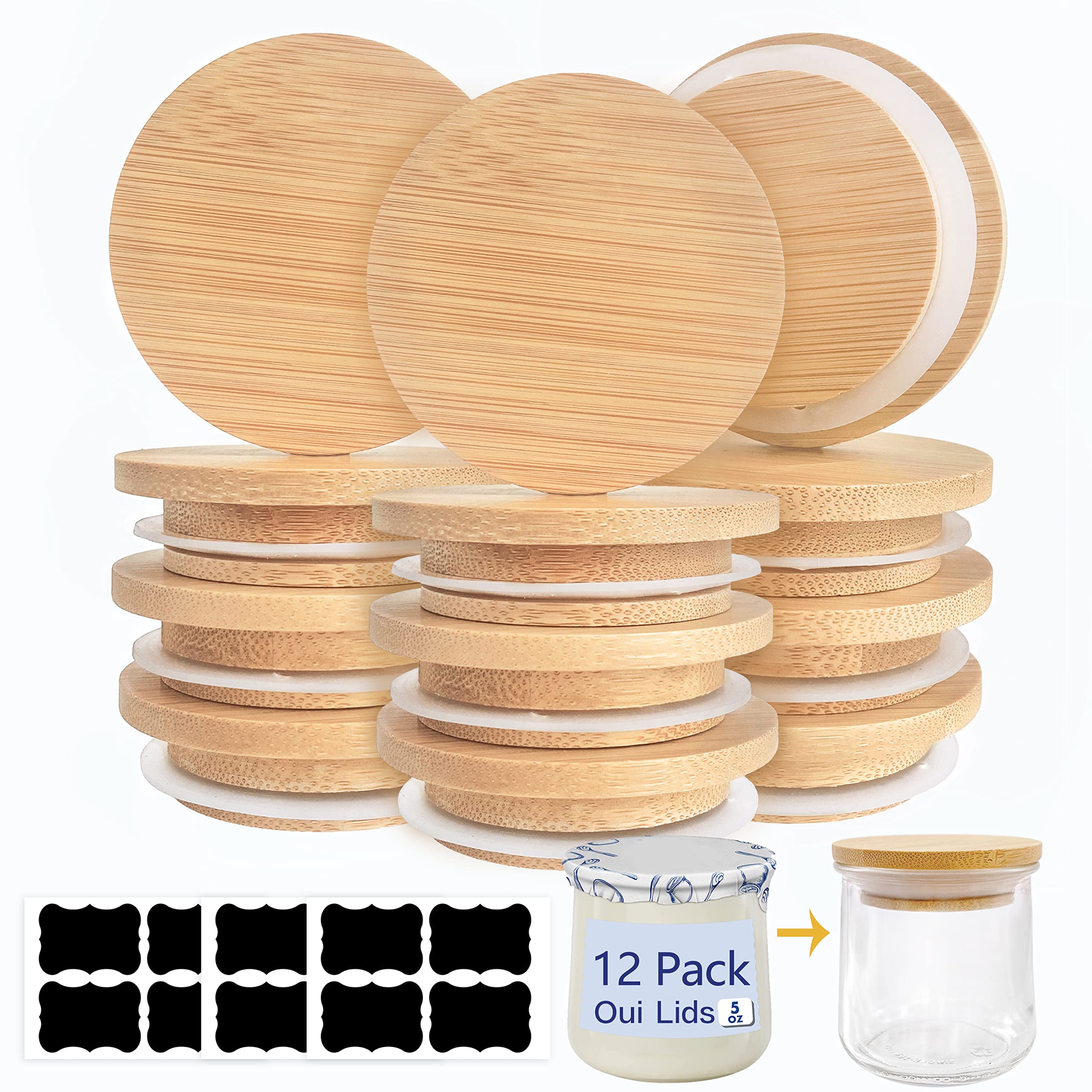 Oui jar lids 12Pack oui yogurt jar lids - Natural Bamboo Wood oui lids with Silicone Sealing Rings for Yoplait Yogurt Container, lids for oui yogurt jars with repeat writing label