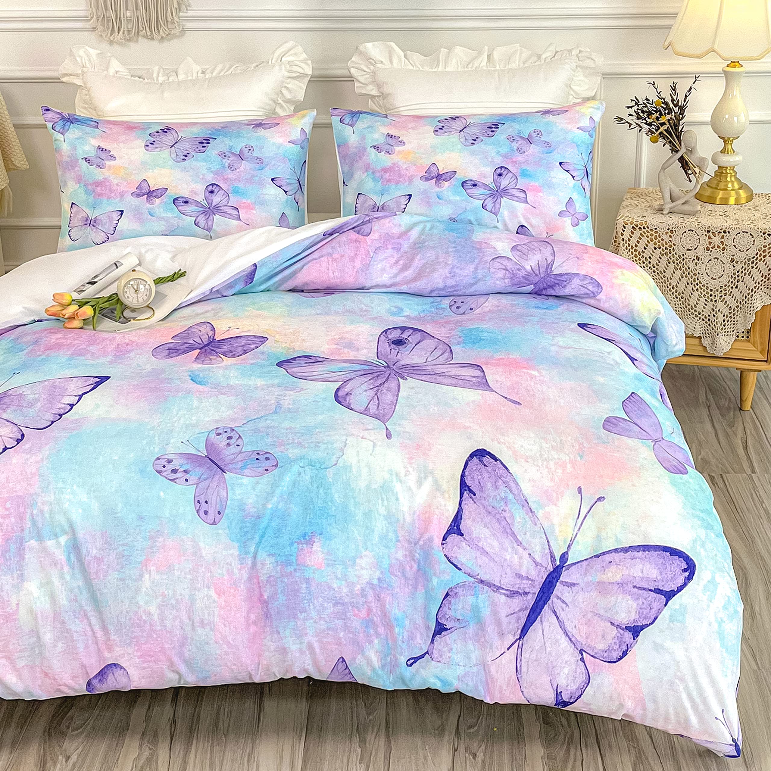 CVHOUSE Butterfly Bedding Queen Size,Rainbow Set for Girls Kids Teens,Rainbow Comforter Cover Soft,1 Duvet 2 Pillowcases 3 Piece,Girls Room Decor Queen 89'x89'