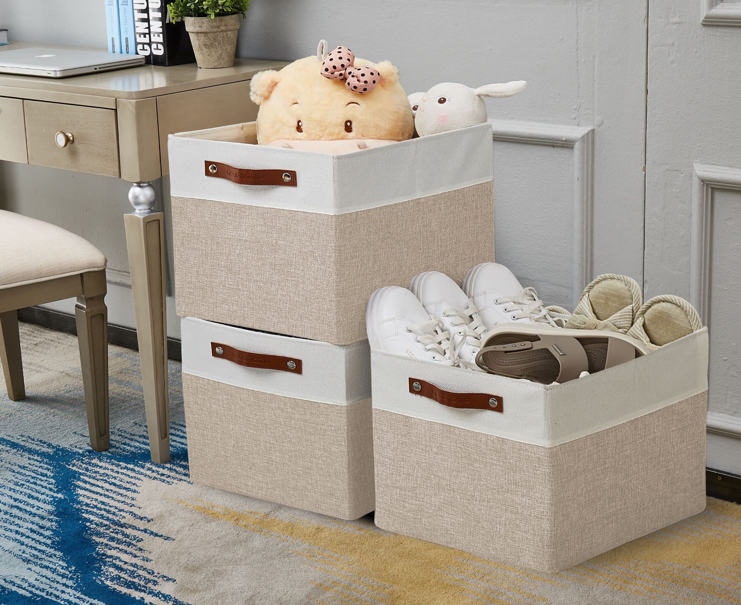 DECOMOMO Storage Baskets for Shelves 13x15x13 Closet Bins for Shelves, Baskets for Closet Organization Kallax Cubby Toy Storage (Beige and White, 3-Pack)