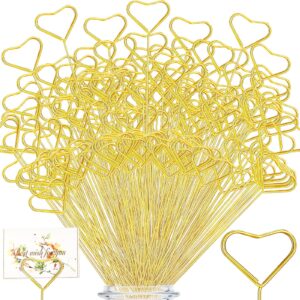 200 pcs metal floral place card holder picks 13.4 inch photo picture clip holder gold gift card holders for flower arrangements wedding birthday baby shower party favor (heart style)