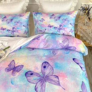 CVHOUSE Butterfly Bedding Queen Size,Rainbow Set for Girls Kids Teens,Rainbow Comforter Cover Soft,1 Duvet 2 Pillowcases 3 Piece,Girls Room Decor Queen 89'x89'