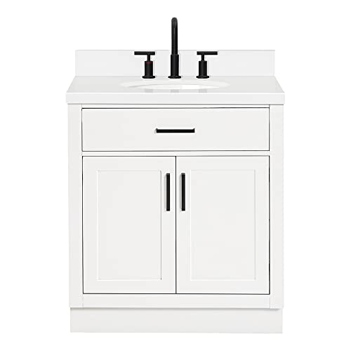 ARIEL Hepburn 31 Inch Bathroom Vanity with Sink, White Bathroom Vanity, Solid Wood Vanity Base Cabinet, White Quartz Top 1.5-Inch Edge, Oval Undermount Sink, 2 Soft Closing Doors, 1 Tip Out Drawer