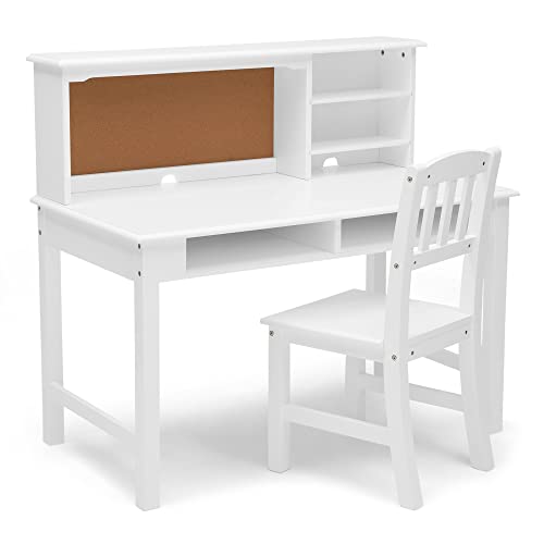 Delta Children Kids Wood Desk with Hutch and Chair - includes Cork Bulletin Board, Cubbies and Cutouts for Cords & Wires - Childrens Study/Computer/Writing Workstation (for Ages 5-12), Bianca White