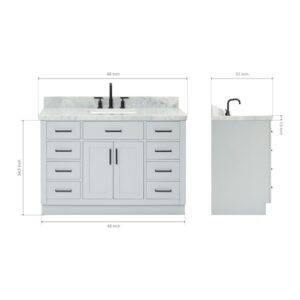 ARIEL Bathroom Vanity 49" Grey 1.5" Edge Italian Carrara Marble Countertop & Splash, Rectangular Sink, 2 Soft Closing Doors, 9 Full Extension Dovetail Drawers, Toe Kick, Matte Black