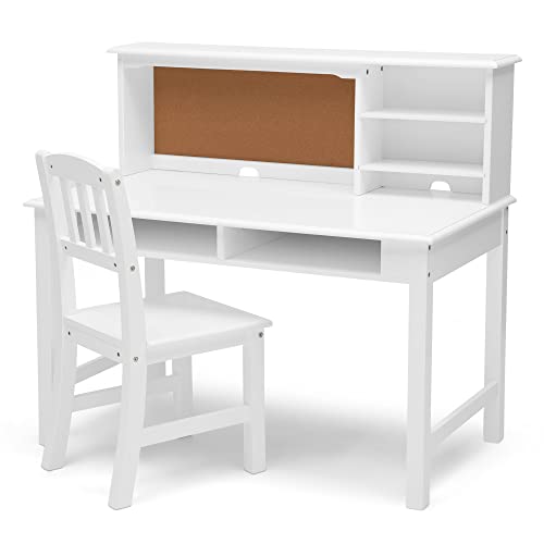 Delta Children Kids Wood Desk with Hutch and Chair - includes Cork Bulletin Board, Cubbies and Cutouts for Cords & Wires - Childrens Study/Computer/Writing Workstation (for Ages 5-12), Bianca White