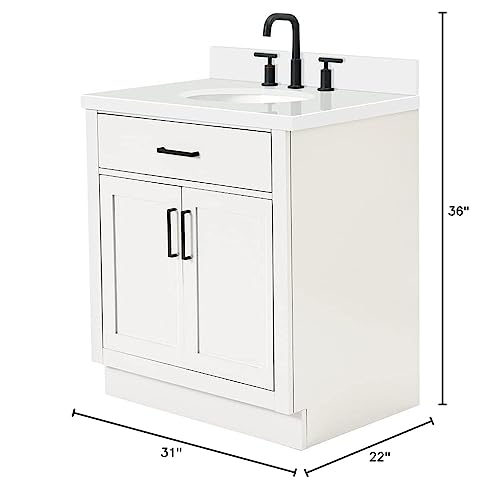 ARIEL Hepburn 31 Inch Bathroom Vanity with Sink, White Bathroom Vanity, Solid Wood Vanity Base Cabinet, White Quartz Top 1.5-Inch Edge, Oval Undermount Sink, 2 Soft Closing Doors, 1 Tip Out Drawer