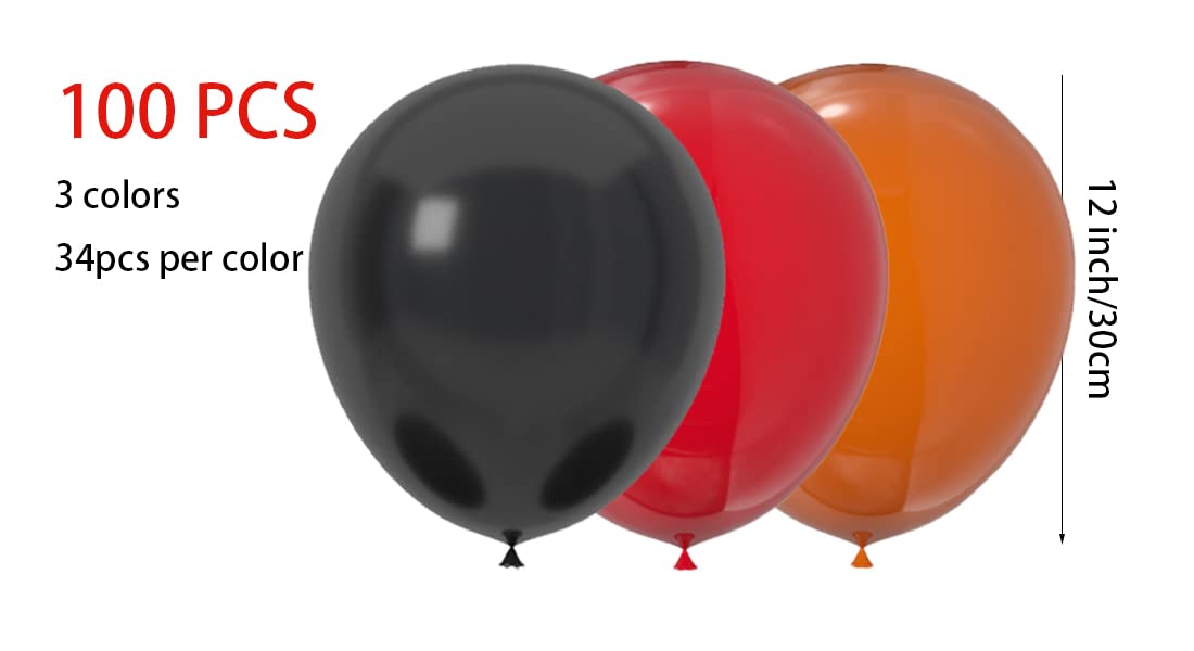 JODIDI 100 Pcs 12 Inch Latex Balloons in Black, Orange, and Red - Perfect for Halloween, Graduation, Birthday, Baby Shower Party Decorations