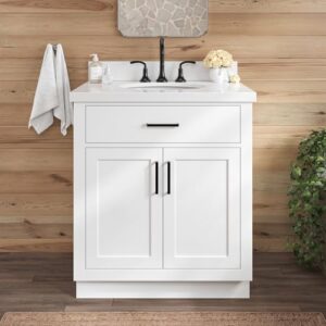 ARIEL Hepburn 31 Inch Bathroom Vanity with Sink, White Bathroom Vanity, Solid Wood Vanity Base Cabinet, White Quartz Top 1.5-Inch Edge, Oval Undermount Sink, 2 Soft Closing Doors, 1 Tip Out Drawer