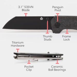 QSP Penguin Titanium Framelock EDC Pocket Knife, Marbled Carbon Fiber Handle, S35VN Steel, Kaviso Exclusive (Black)