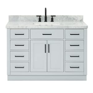 ariel bathroom vanity 49" grey 1.5" edge italian carrara marble countertop & splash, rectangular sink, 2 soft closing doors, 9 full extension dovetail drawers, toe kick, matte black