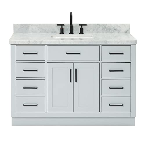 ARIEL Bathroom Vanity 49" Grey 1.5" Edge Italian Carrara Marble Countertop & Splash, Rectangular Sink, 2 Soft Closing Doors, 9 Full Extension Dovetail Drawers, Toe Kick, Matte Black