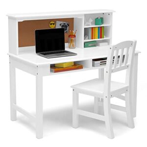 Delta Children Kids Wood Desk with Hutch and Chair - includes Cork Bulletin Board, Cubbies and Cutouts for Cords & Wires - Childrens Study/Computer/Writing Workstation (for Ages 5-12), Bianca White