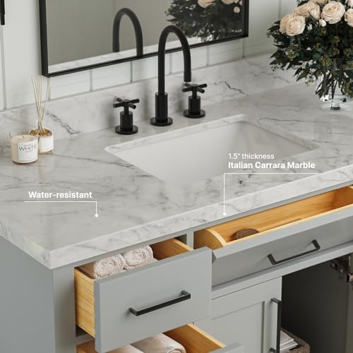 ARIEL Bathroom Vanity 49" Grey 1.5" Edge Italian Carrara Marble Countertop & Splash, Rectangular Sink, 2 Soft Closing Doors, 9 Full Extension Dovetail Drawers, Toe Kick, Matte Black