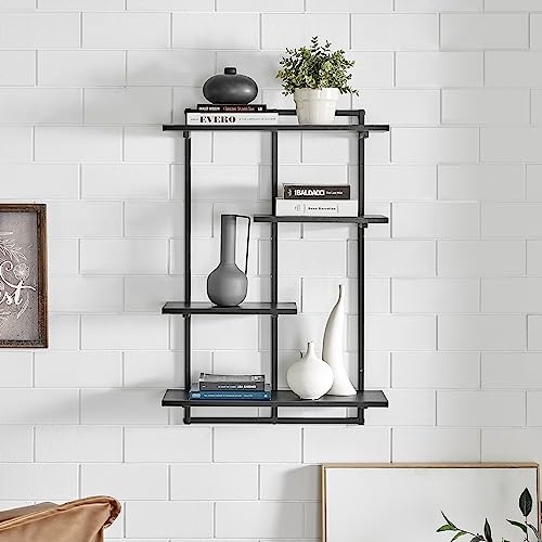 Danya B Rhodes 4 Tier Modern Floating Windowsill Wall Shelf Unit with Metal Frame and MDF Shelves (Black/Black)