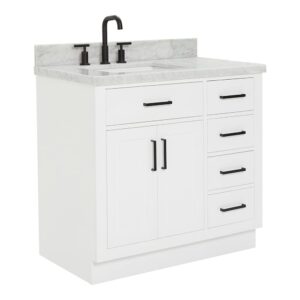 ARIEL Bathroom Vanity 37" White 1.5" Edge Italian Carrara Marble Countertop & Splash, Left Rectangular Sink, 2 Soft Closing Doors, 5 Full Extension Dovetail Drawers, Toe Kick, Matte Black