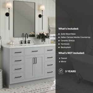 ARIEL Bathroom Vanity 49" Grey 1.5" Edge Italian Carrara Marble Countertop & Splash, Rectangular Sink, 2 Soft Closing Doors, 9 Full Extension Dovetail Drawers, Toe Kick, Matte Black