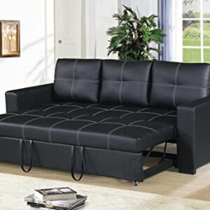 INFINI FURNISHINGS 3 Seats Convertible Sectional Pull Out Sleeper Living Room Sofa Bed Futon Couch Modern Tufted Line Design Sofabed, Black Faux Leather