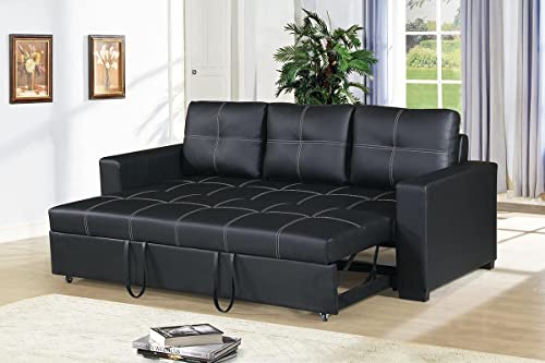 INFINI FURNISHINGS 3 Seats Convertible Sectional Pull Out Sleeper Living Room Sofa Bed Futon Couch Modern Tufted Line Design Sofabed, Black Faux Leather