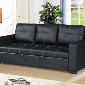 INFINI FURNISHINGS 3 Seats Convertible Sectional Pull Out Sleeper Living Room Sofa Bed Futon Couch Modern Tufted Line Design Sofabed, Black Faux Leather