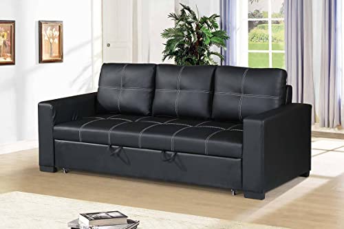 INFINI FURNISHINGS 3 Seats Convertible Sectional Pull Out Sleeper Living Room Sofa Bed Futon Couch Modern Tufted Line Design Sofabed, Black Faux Leather