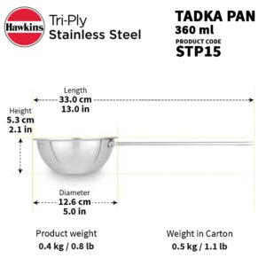 HAWKINS 1.5 Cup Tadka Pan, 360 ml Triply Stainless Steel Pan, Induction Pan, Silver (STP15)