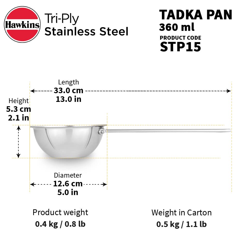 HAWKINS 1.5 Cup Tadka Pan, 360 ml Triply Stainless Steel Pan, Induction Pan, Silver (STP15)