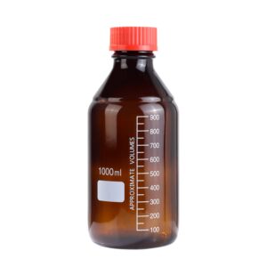 pastein 4 pieces amber glass 1000 ml graduated round lab reagent media/storage bottle with gl45 red screw cap