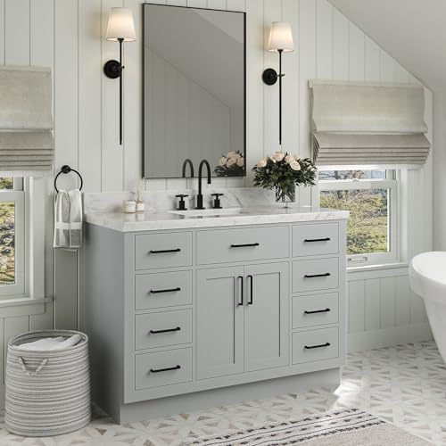 ARIEL Bathroom Vanity 49" Grey 1.5" Edge Italian Carrara Marble Countertop & Splash, Rectangular Sink, 2 Soft Closing Doors, 9 Full Extension Dovetail Drawers, Toe Kick, Matte Black