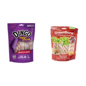 dingo twist sticks (50 count) and dreambone twist sticks (50 count) - chicken flavored rawhide and rawhide-free dog chews