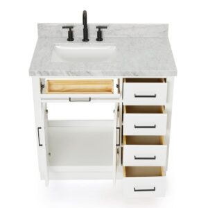 ARIEL Bathroom Vanity 37" White 1.5" Edge Italian Carrara Marble Countertop & Splash, Left Rectangular Sink, 2 Soft Closing Doors, 5 Full Extension Dovetail Drawers, Toe Kick, Matte Black