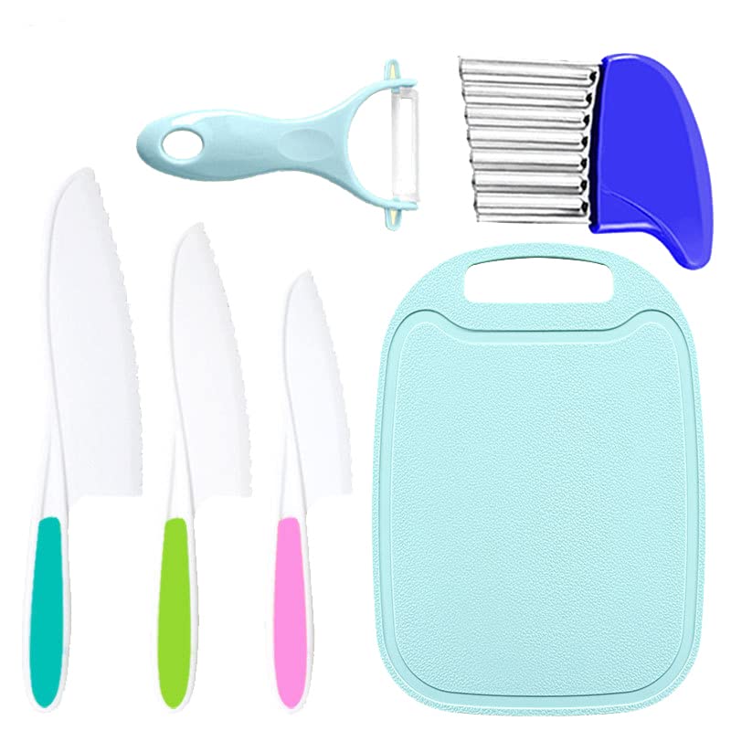 6 Pieces Kids Knife Set, Kids Safe Cooking Knives, Nylon Kids Kitchen Knife ， Crinkle Cutter, Serrated Edges Plastic Toddler Knife Kids Knives ， Y Peeler, Cutting Board