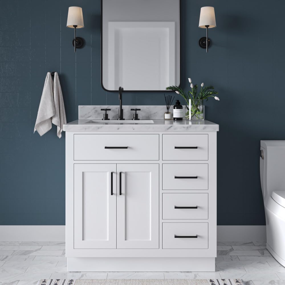 ARIEL Bathroom Vanity 37" White 1.5" Edge Italian Carrara Marble Countertop & Splash, Left Rectangular Sink, 2 Soft Closing Doors, 5 Full Extension Dovetail Drawers, Toe Kick, Matte Black