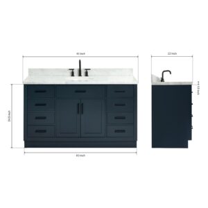 ARIEL Bathroom Vanity 61" Midnight Blue, 1.5" Edge Italian Carrara Marble Countertop & Splash, Oval Sink, 2 Soft Closing Doors, 9 Full Extension Dovetail Drawers, Toe Kick, Matte Black