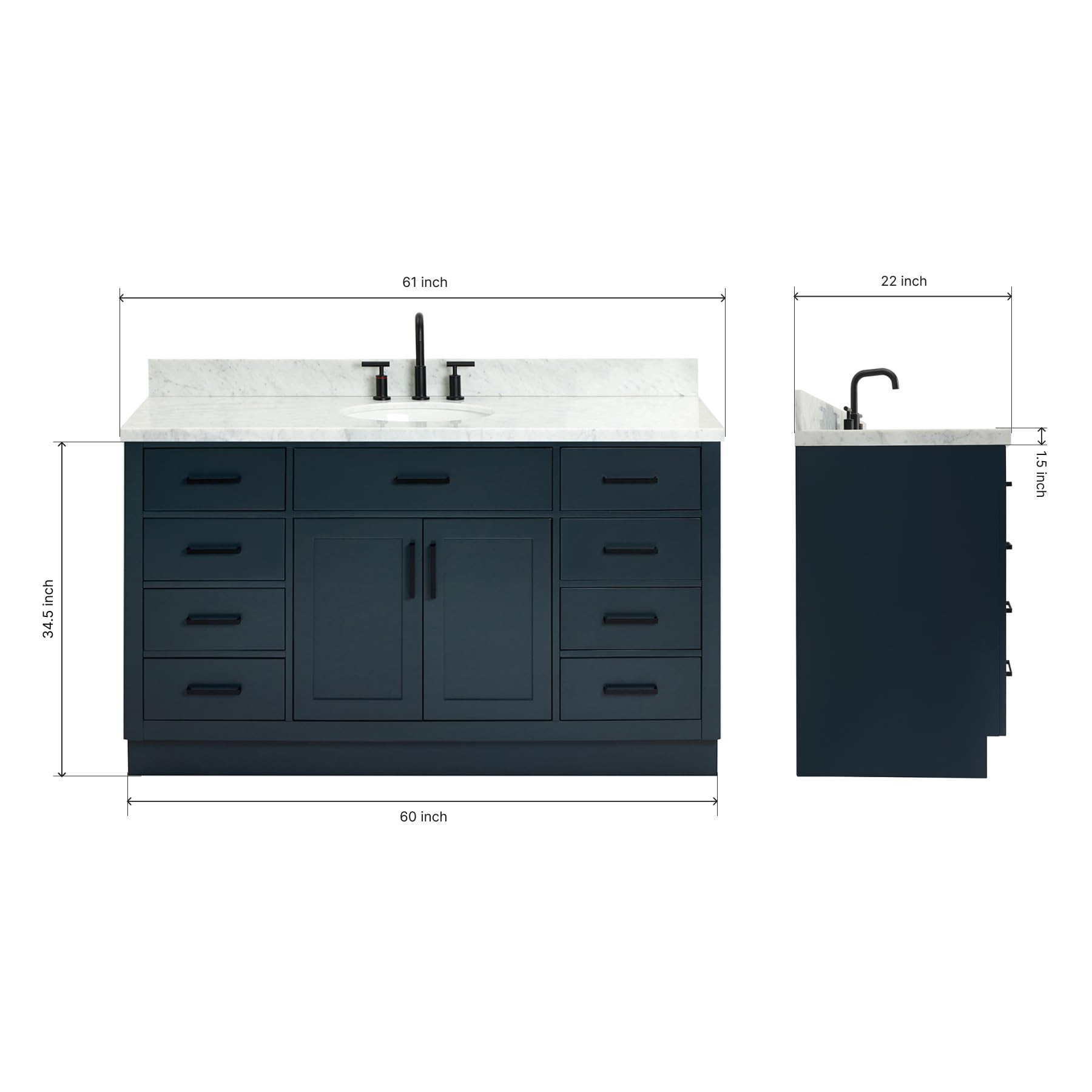 ARIEL Bathroom Vanity 61" Midnight Blue, 1.5" Edge Italian Carrara Marble Countertop & Splash, Oval Sink, 2 Soft Closing Doors, 9 Full Extension Dovetail Drawers, Toe Kick, Matte Black