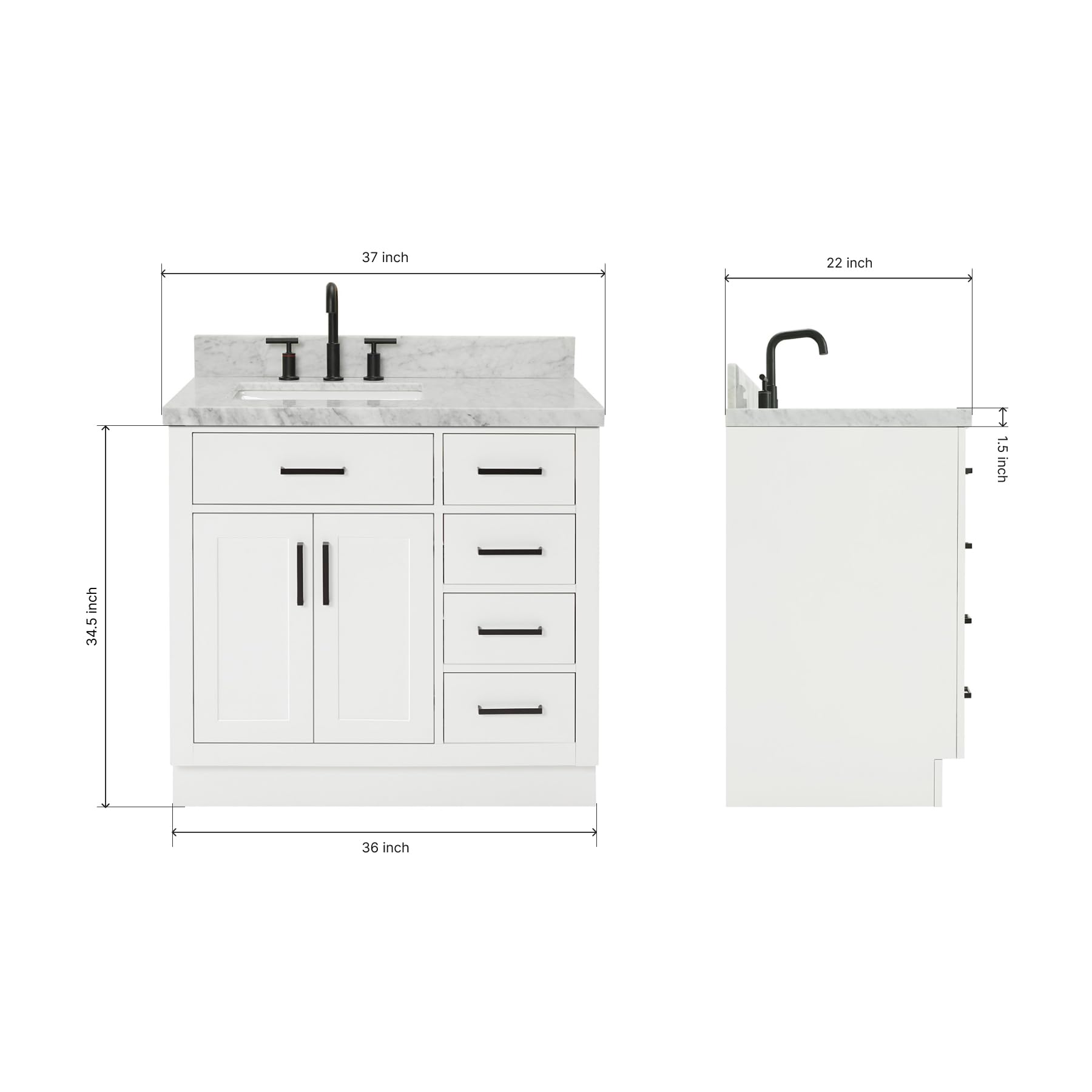 ARIEL Bathroom Vanity 37" White 1.5" Edge Italian Carrara Marble Countertop & Splash, Left Rectangular Sink, 2 Soft Closing Doors, 5 Full Extension Dovetail Drawers, Toe Kick, Matte Black