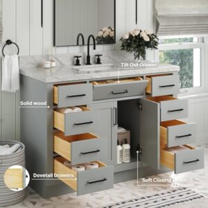 ARIEL Bathroom Vanity 49" Grey 1.5" Edge Italian Carrara Marble Countertop & Splash, Rectangular Sink, 2 Soft Closing Doors, 9 Full Extension Dovetail Drawers, Toe Kick, Matte Black