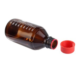 Pastein 4 Pieces Amber Glass 1000 mL Graduated Round Lab Reagent Media/Storage Bottle With GL45 Red Screw Cap