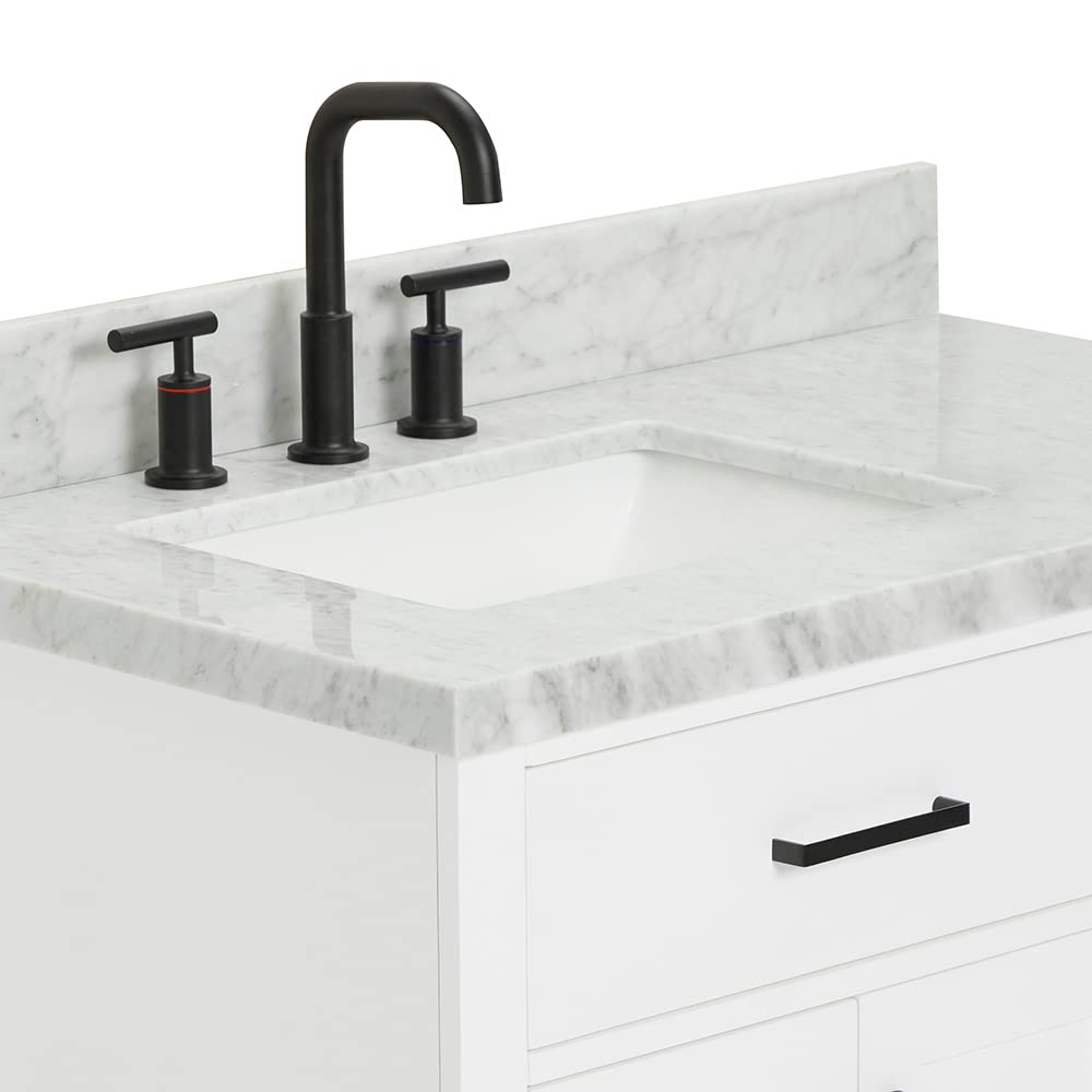 ARIEL Bathroom Vanity 37" White 1.5" Edge Italian Carrara Marble Countertop & Splash, Left Rectangular Sink, 2 Soft Closing Doors, 5 Full Extension Dovetail Drawers, Toe Kick, Matte Black