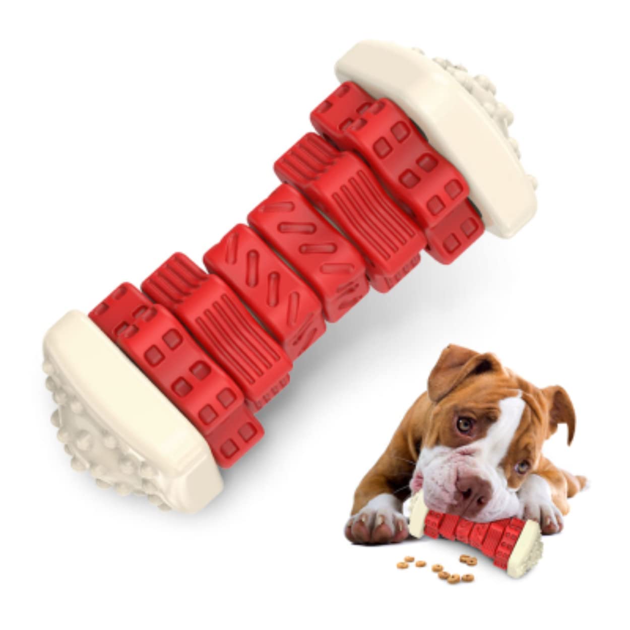 New 2023 Shape Rubber Indestructible Treat Dispensing Puzzle Bite Interactive Pet Chew Dog Toy, Automatically clean the teeth when chewing (Red and White)