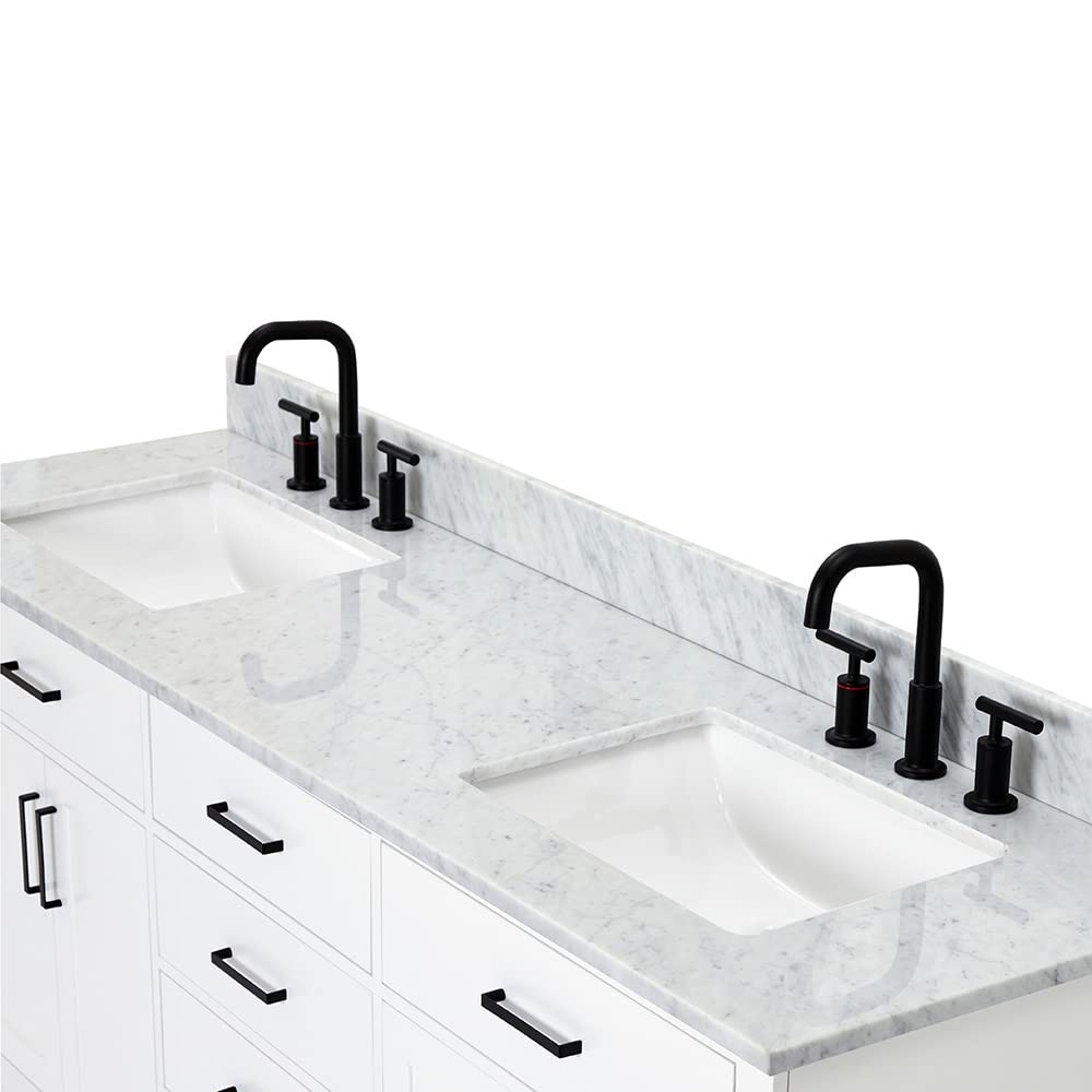 ARIEL Double Bathroom Vanity 73" White, Italian Carrara Marble Countertop & Splash, Rectangular Sinks, 4 Soft Closing Doors, 6 Full Extension Dovetail Drawers, Toe Kick, Matte Black