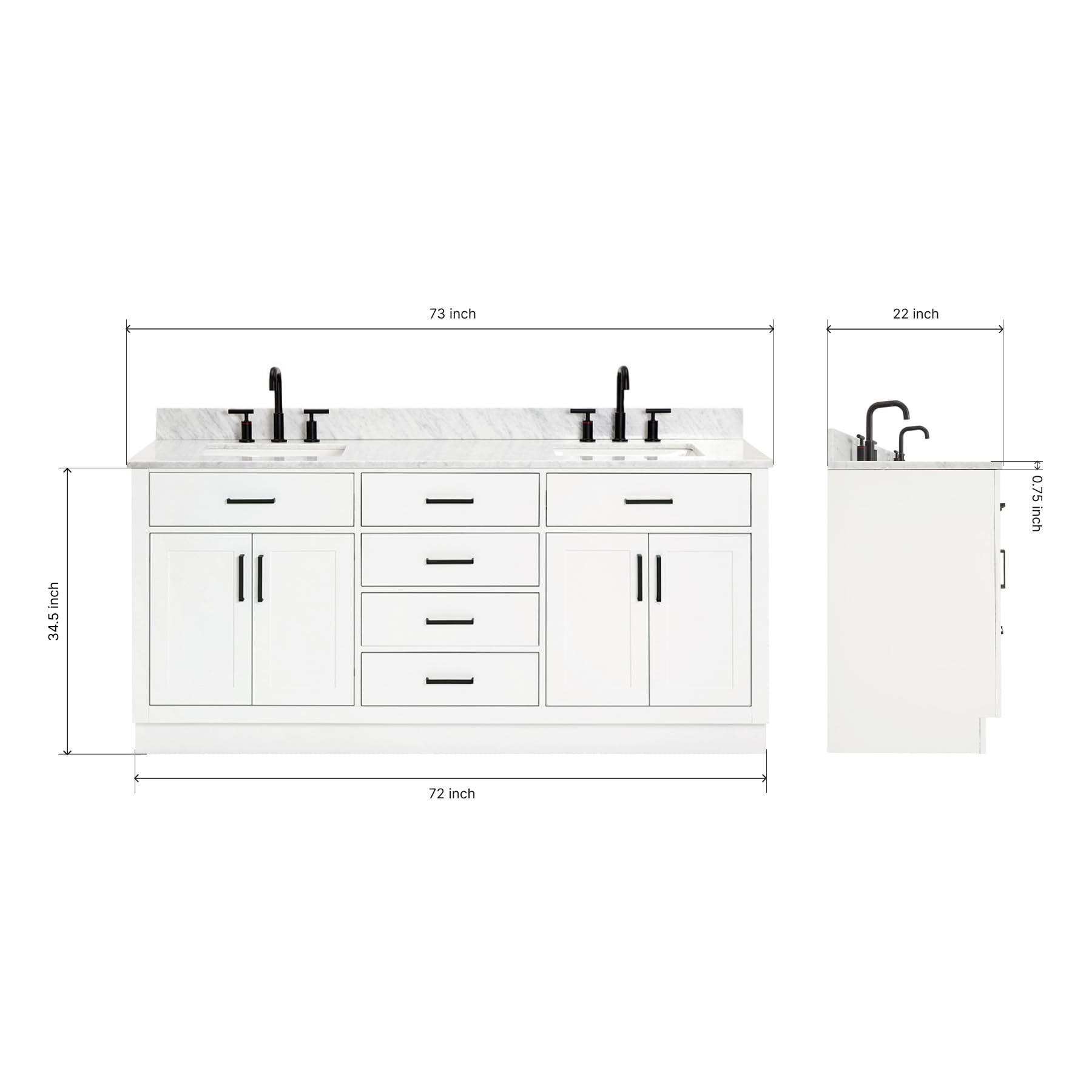 ARIEL Double Bathroom Vanity 73" White, Italian Carrara Marble Countertop & Splash, Rectangular Sinks, 4 Soft Closing Doors, 6 Full Extension Dovetail Drawers, Toe Kick, Matte Black