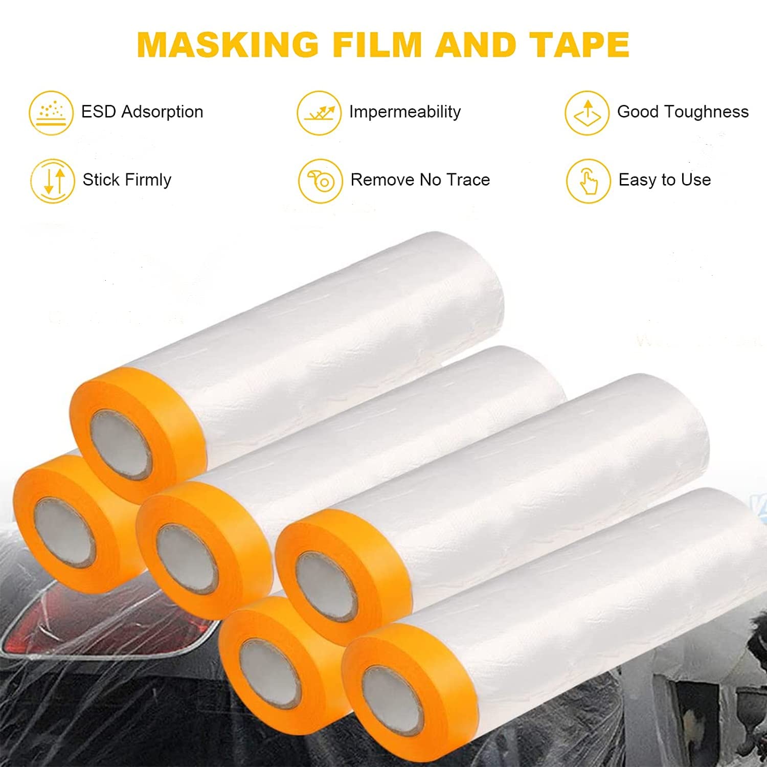 Painters Plastic With Tape, Pre-Taped Masking Film, 3 Rolls Automotive Best Tape and Drape, Paint Adhesive Protective Film Roll for Covering Skirting, Frames, Cars and Auto Body (5 X 65-Feet) (3)