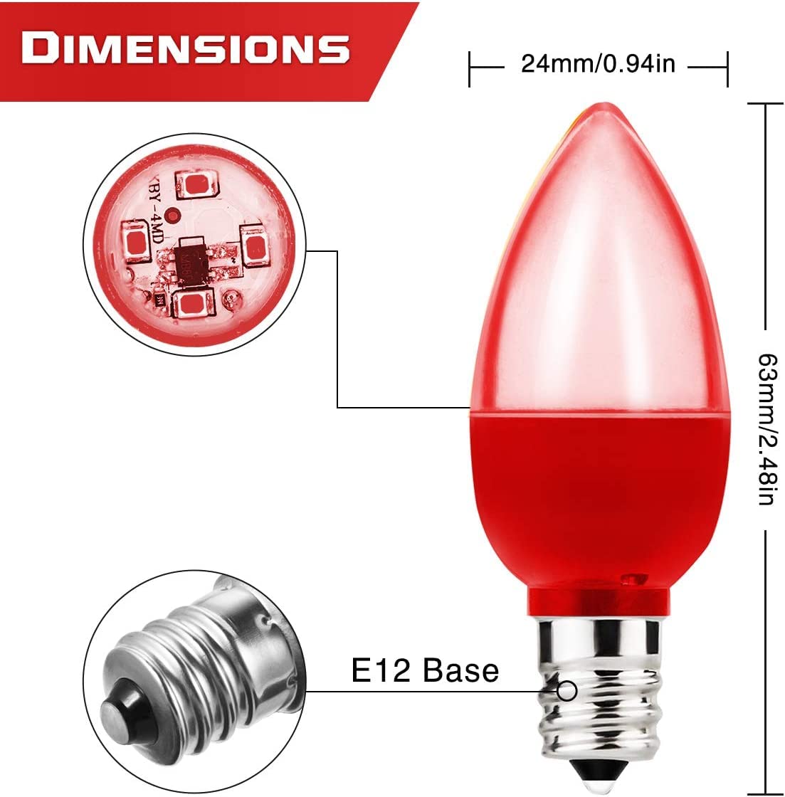 Anivona C7 Red LED Light Bulb, 1.5W S6 Red Colored Lightbulb, for LED Christmas Lights Deco, Party, 15W Incandescent Equivalent Night Light Mini LED Bulb, E12 Base, 4 Pack