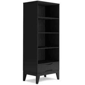 simplihome harper solid hardwood 24 inch wide mid century modern bookcase with storage in black, for the living room, study room and office