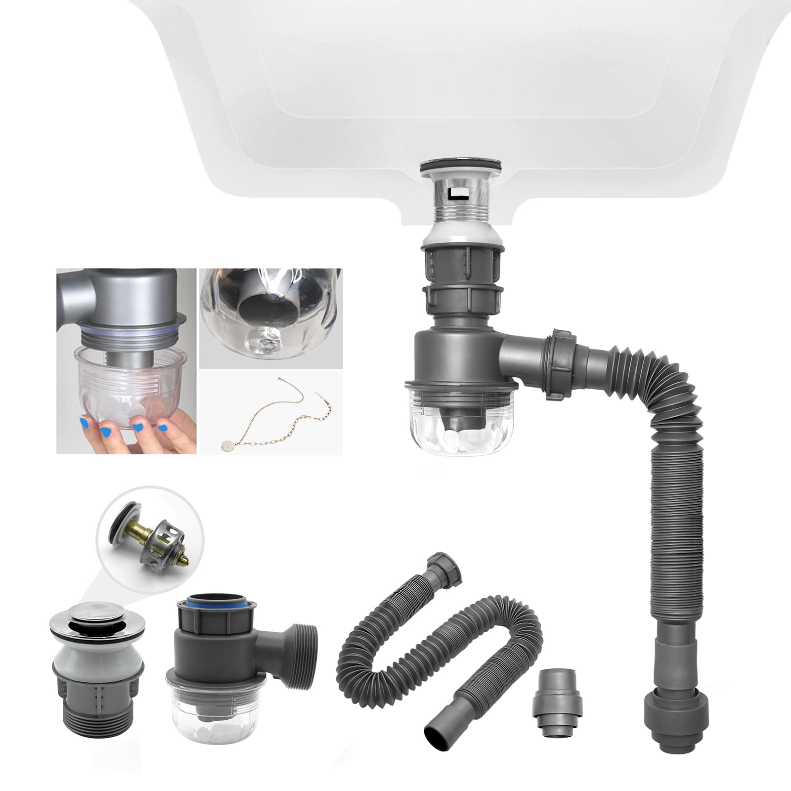 Bathroom Sink Drain Kit with Pop-up Sink Drain Stopper Assembly, Flexible & Expandable P-trap Drain pipe Anti-Odor, for drains including for 1-1/4'' & 1-1/2''