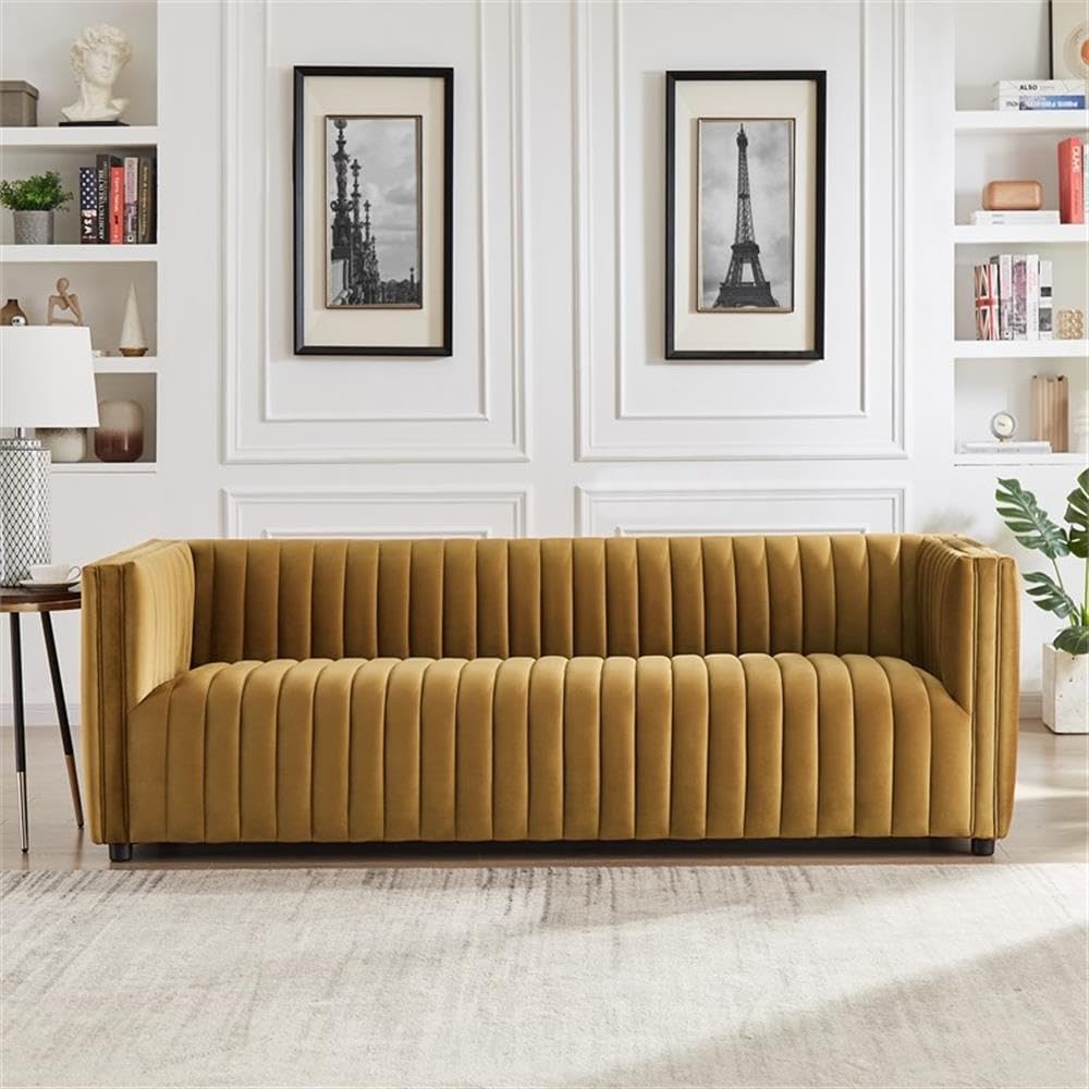 Ashcroft Furniture Co Sier Mid Century Modern Luxury Velvet Sofa Couch in Cognac